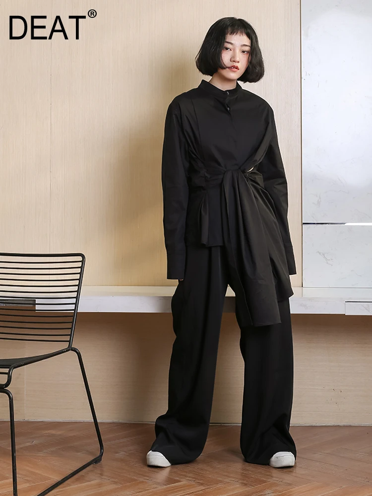 

[DEAT] 2019 New Spring Summer Stand Collar Long Sleeve White Fold Irregular Hollow Out Shirt Women Blouse Fashion Tide JI34