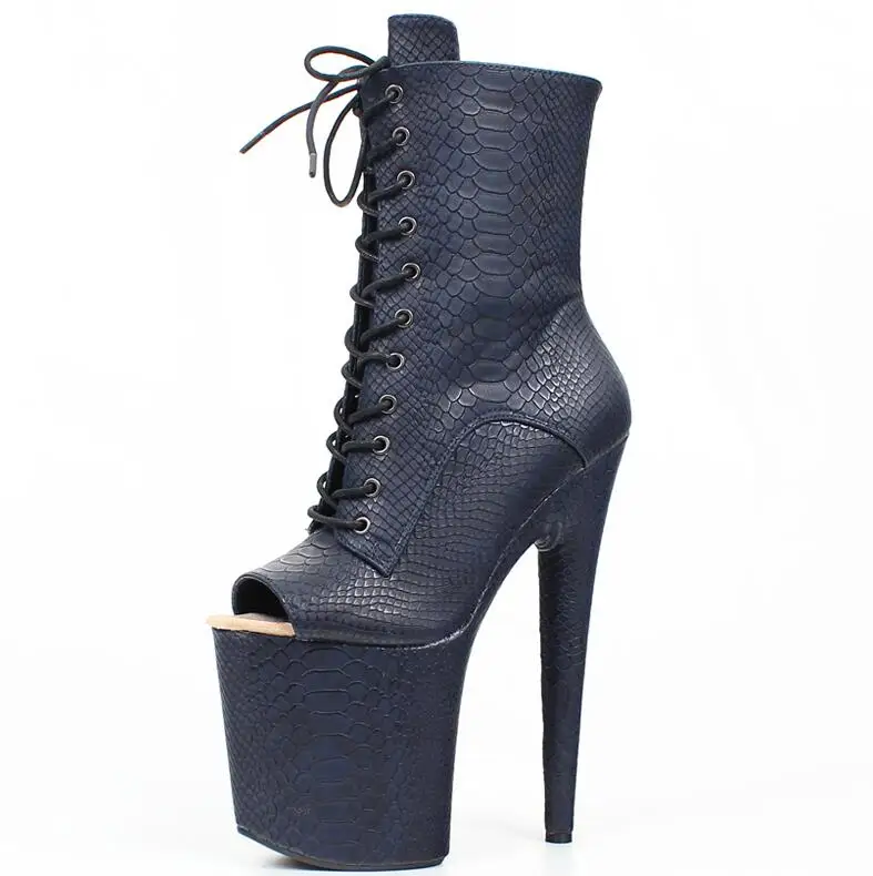 Женские ботильоны на очень высоком каблуке 20 см; пикантные женские ботинки на платформе со шнуровкой и змеиным принтом - Цвет: Dark blue Snake