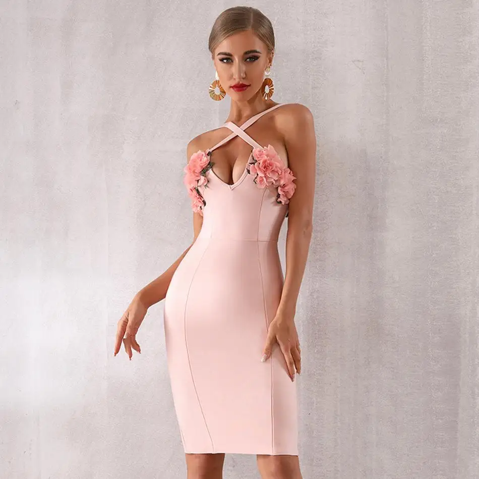 Летние вечерние платья знаменитостей, облегающее розовое Бандажное платье, женское платье на тонких бретелях с v-образным вырезом и аппликацией, сексуальное платье для ночного клуба