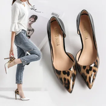 

New patent leather leopard print gradient pointed high heel single shoe shallow mouth side empty nightclub sexy women's shoes