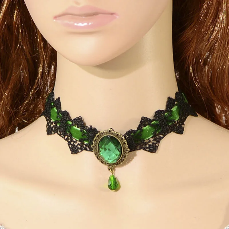 Faux Green Emerald Lace Choker Necklace Cosplay Steampunk Goth Jewelry 