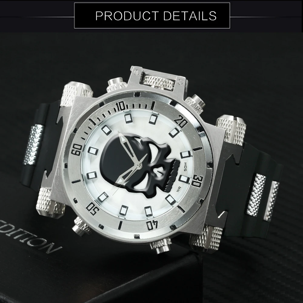 WINENR, роскошные Брендовые мужские часы,, кварцевые часы в стиле панк, Череп, часы в стиле хип-хоп, большой чехол, с резиновым ремешком, спортивные наручные часы, водонепроницаемые