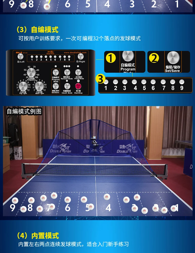 Original Double Fish E6 Programm Table Tennis Robot Pingpong Serve Machine 36 spins Home Training for V40+ ball with Collect Net