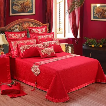 

Queen King size Red color Luxury Oriental Wedding Bedding sets Satin Cotton Embroidery Duvet Cover Bed spread set Pillowcases 36