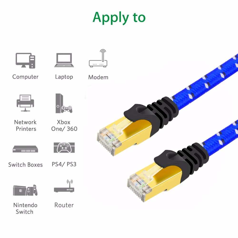 1 м CAT7 10G Ethernet плоский кабель нейлоновая оплетка позолоченные и экранированные RJ45