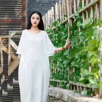 

Ladies summer long dress vestido robe femme cotton and linen fashion gown pink white dresses plus size women clothing