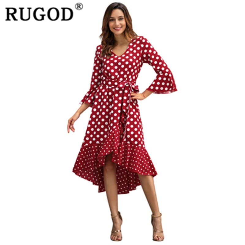 

RUGOD V neck dot print elegant lace up elegant women dress loose boho chic style summer dress vintage fashion sukienki for women