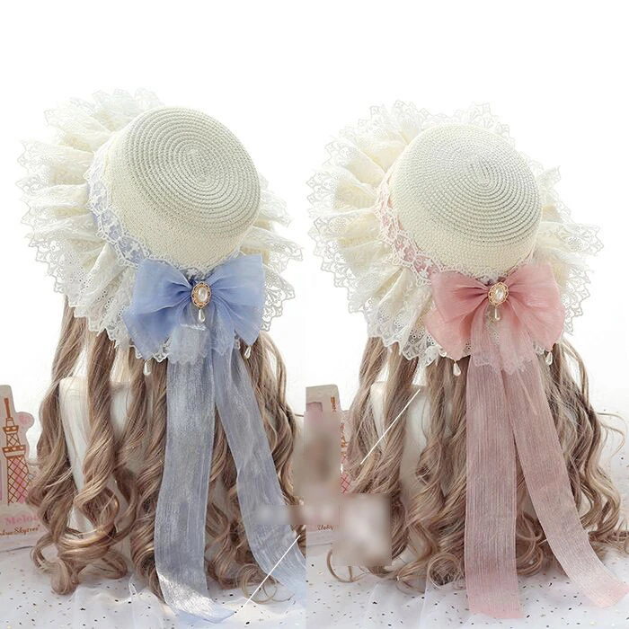 Sombrero De Sol De Paja Dulce Japonés Lolita Lazo De Cinta D Sombrero De Sol De Paja Dulce Japonés Lolita Lazo De Cinta D