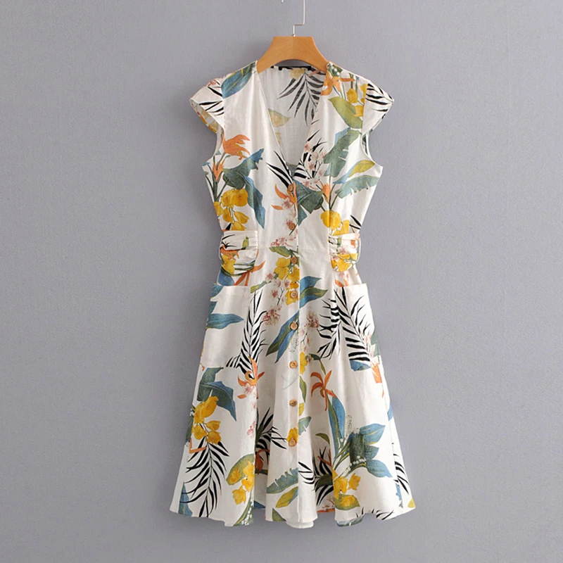 Women's Clothing Dress 2019 Wild Slim Leaf Print V-Neck Dress Ms Summer Street Sexy Slim Fit Trend Fashion Clothing