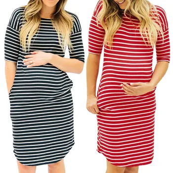 

Summer New Fashion Womens Pregnants O-Neck Stripe Short Sleeve Nursing Maternity Daily Dress Wholesale Free Ship Z4