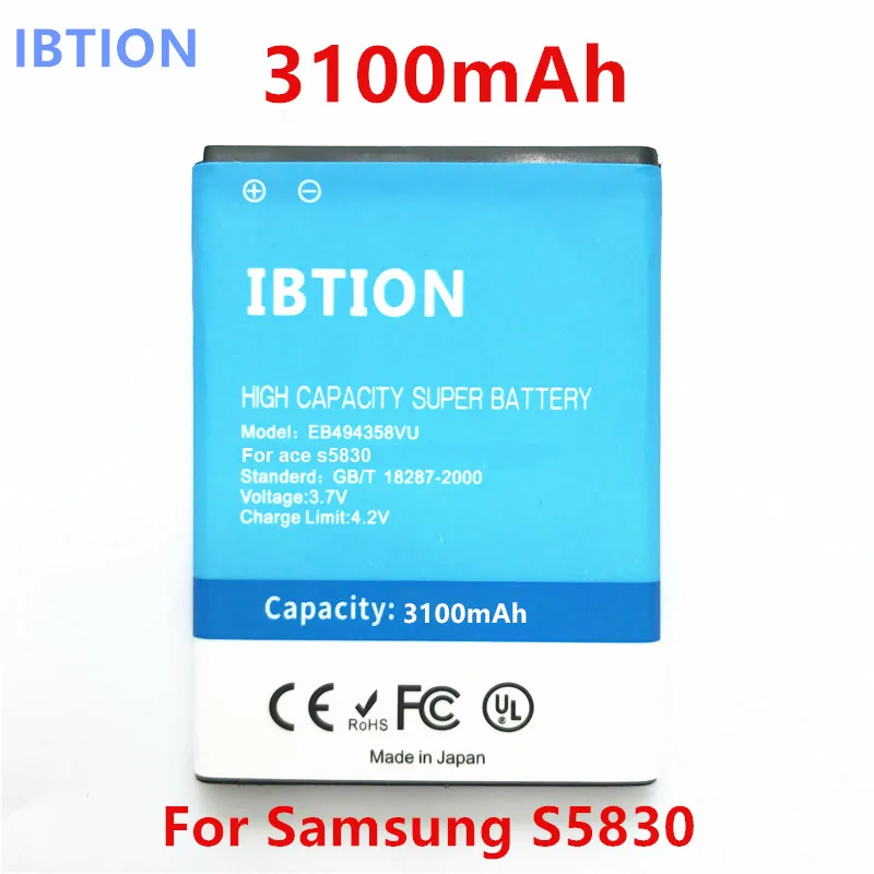 

IBTION 3100mah EB494358VU For Samsung Galaxy Ace S5830 Gio S5660 Pro B7510 High Capacity Business Battery