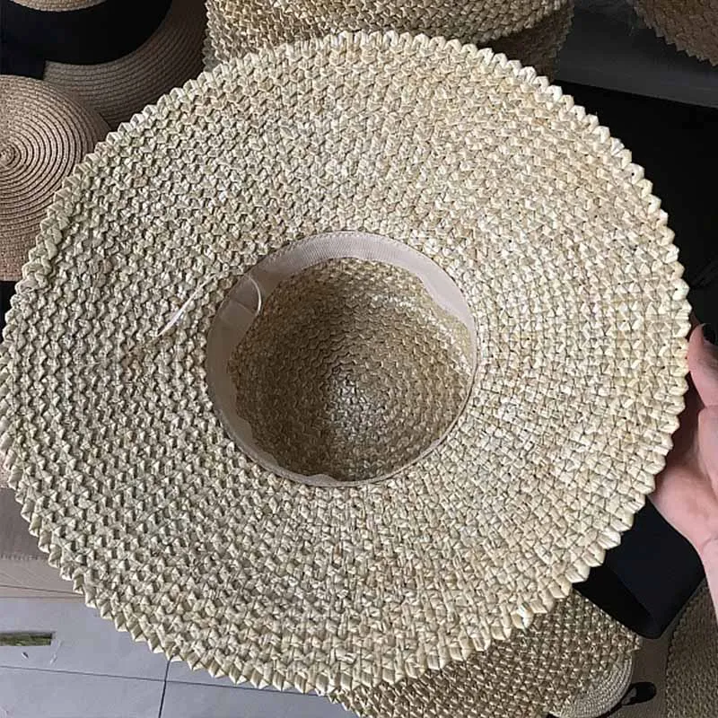 Women Classical Wheat Straw Hat Summer Cap 18cm Large Wide Brim Sun Hat Elegant Floppy Ribbon Beach Hat Vocation Derby Hat