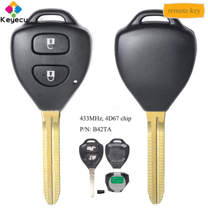 KEYECU Replacement Remote Car Key With 2 Buttons &amp 433MHz 4D67 Chip - FOB for Toyota Hilux Vigo Fortuner 4Runner iQ P/N: B42TA |