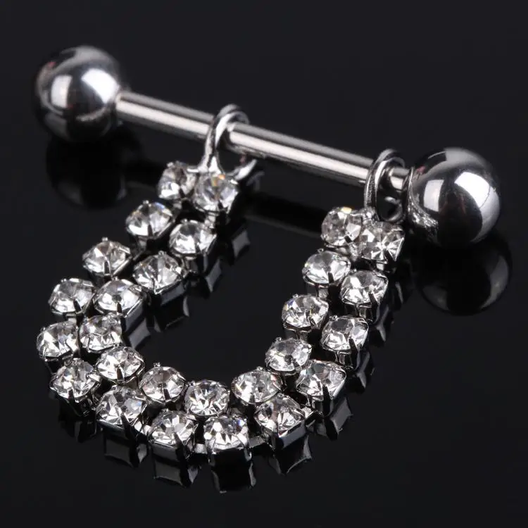 Trendy Straight Bar Piercing Navel Belly Ring With Double Row Crystal