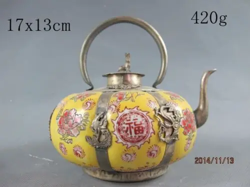 

Рождественский подарок, желтая фарфоровая чайник с драконом, винтажное украшение для сада, 100% тибетское серебро ручной работы