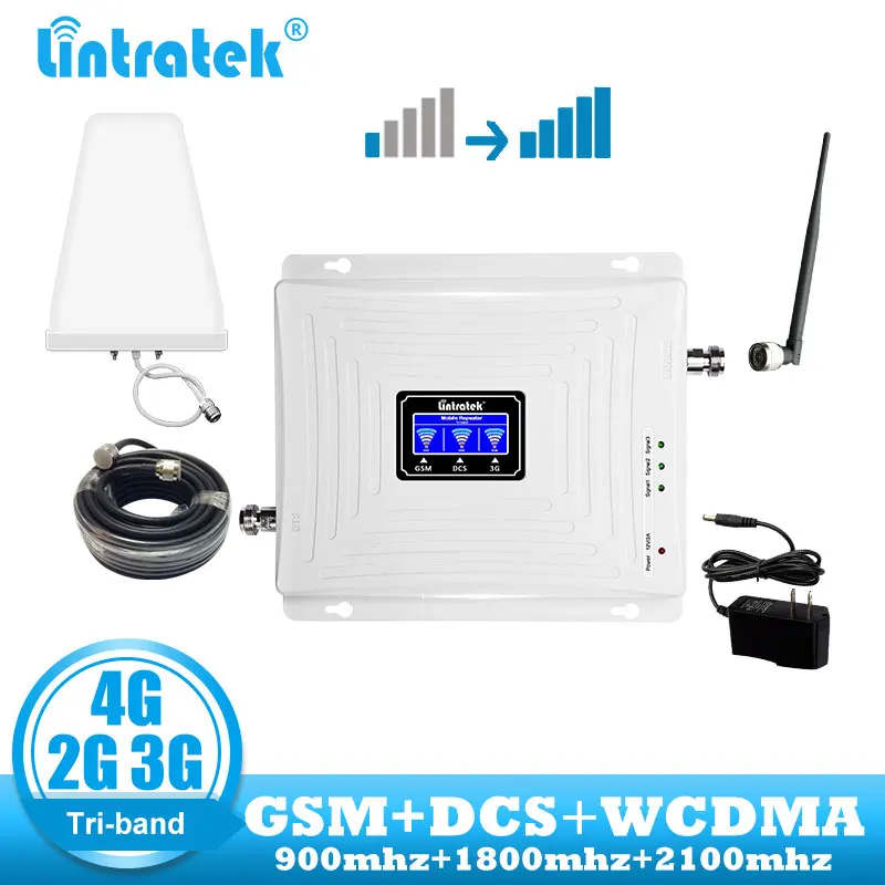 

Lintratek 2g 3g 4g gsm repeater 900 dcs lte 1800 wcdma 2100 cellular signal booster communication amplifier 2 antenna + cable