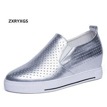 

2019 New Spring Summer Breathable Hollow Real Leather Shoes Women Sandals Casual Shoes Increase Within High Heel Shoes Sandals