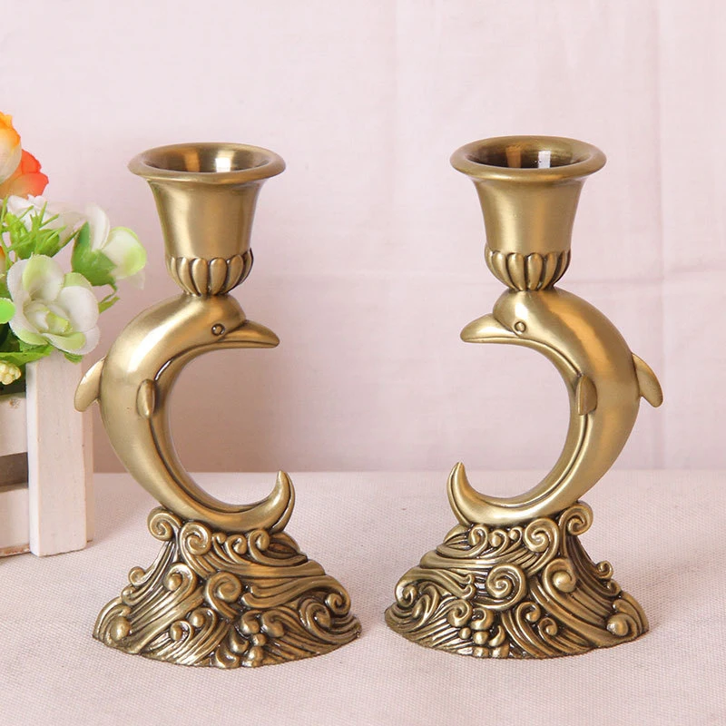 2 Pcs/ Pair Metal 3D Embossment Retro Dolphin Candlestick Pillar Candle