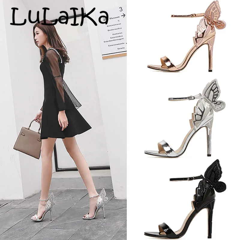 

2018 New Spring Women Elegant Silver Big Butterfly Stiletto Pointed Toe High Heels Party Ankle Strap Shoes Woman Pumps Heel 11cm