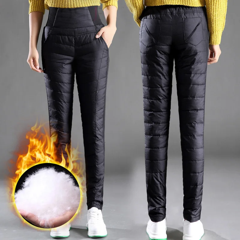 

Women Cotton Full Length High Waist Casual Elastic Red Blue Black Warm Down Winter Cotton Pants Thicken Elastic Band Water Proof