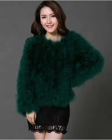 Женские модные меховые пальто, зимние меховые куртки из натурального меха страуса, пушистая верхняя одежда из натурального меха индейки - Цвет: Dark green