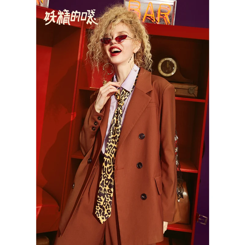 

ELF SACK New Casual Woman Blazer Solid Double Breasted Blazer Woman Character Print Femme Coat Streetwear Female Blazer Jacket