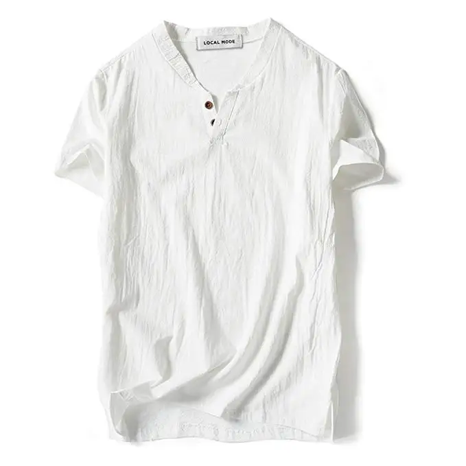 Мужское льняное белье, футболка, Повседневная футболка с v-образным вырезом на пуговицах, приталенное хлопковое льняное с короткими рукавами, базовый топ