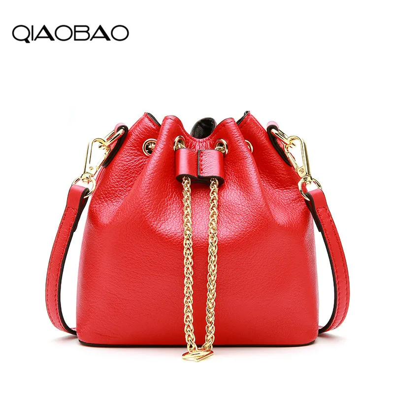 

QIAOBAO New European and American fashion wild Real Leather bucket bag Cowhide handbags shoulder String Messenger bag