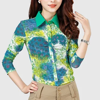 

Spring Fall Fashion Womens Printed Green Full Sleeve Mesh Stretch Blouse Shirt , Casual Female Woman Pleated Cardigan Blouses