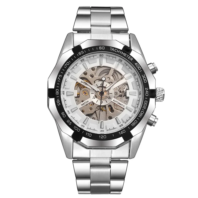 Дизайн полый гравировальный черный серебряный корпус стальной Скелет автоматические механические часы для мужчин люксовый бренд Heren Horloge - Цвет: Steel White