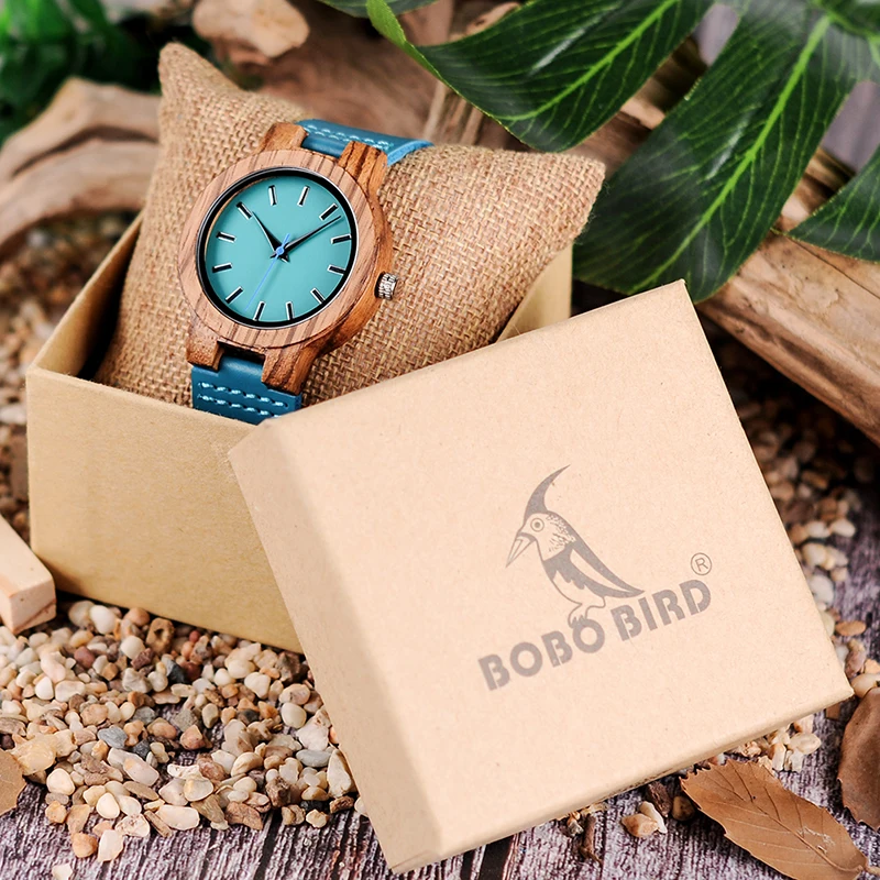 BOBO BIRD Lovers Watches Zebra Wooden Timepieces Turquoise Blue Wrist Watch Men Women Great Gift Relogio Masculino Drop Shipping