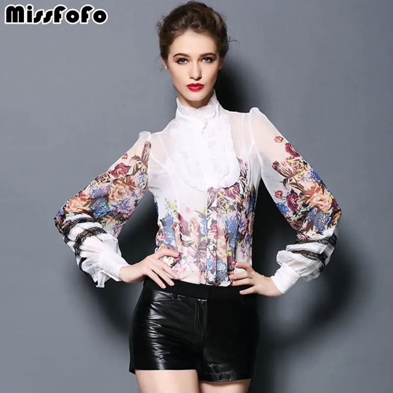 

MissFoFo Bow Body Shirt Female Demi-season Blouses Autumn Spring Print One Piece Long Sleeve Fashion Shirt Lantern Slik 2 In 1