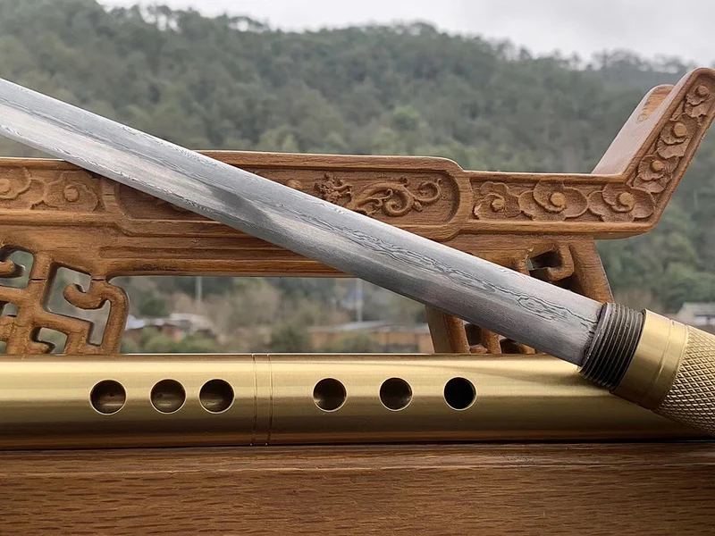 H-Quality Handmade Flute style pure copper Damascus Folded Steel Fine Hand Polished Collecation Sword Chinese Knife