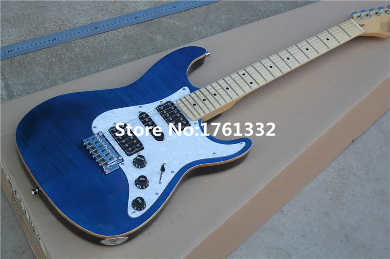 

Wholesale factory custom 6 strings 22 frets blue electric guitar with flame maple veneer,white pearl pickguard,can be customized
