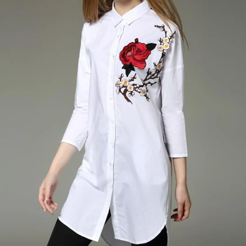 

2017 Spring Fashion Women Red Rose Embroidery Feminina Long Blusas Appliques Blouse Cotton White Loose Shirts Tops LS1049