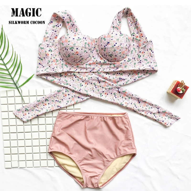 

New Korean Floral Print Bikini Set Sexy Push Up Swimsuit Women's Swimming Suit High Waist Bathing Suits Swimwear With Underwire