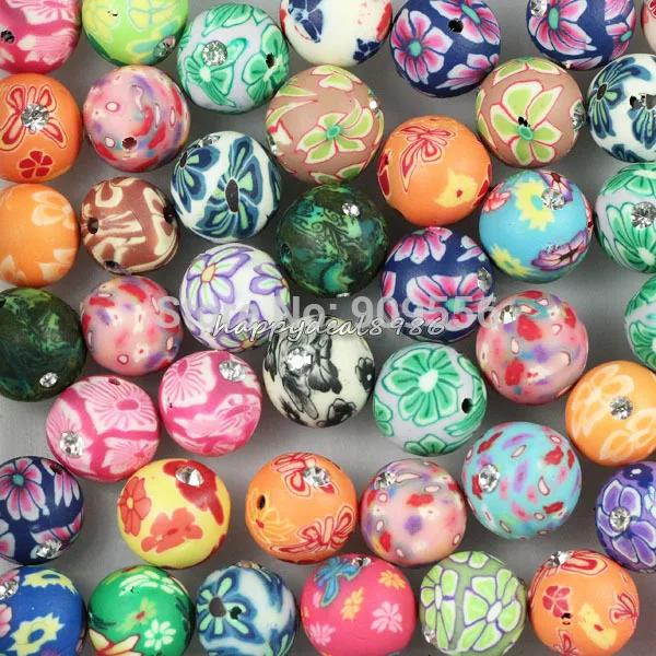 

50pcs/lot 12mm Mixed Polymer Fimo Clay with crystal rhinestone round ball Spacer Loose Beads,fashion jewelry beads,Wholesale