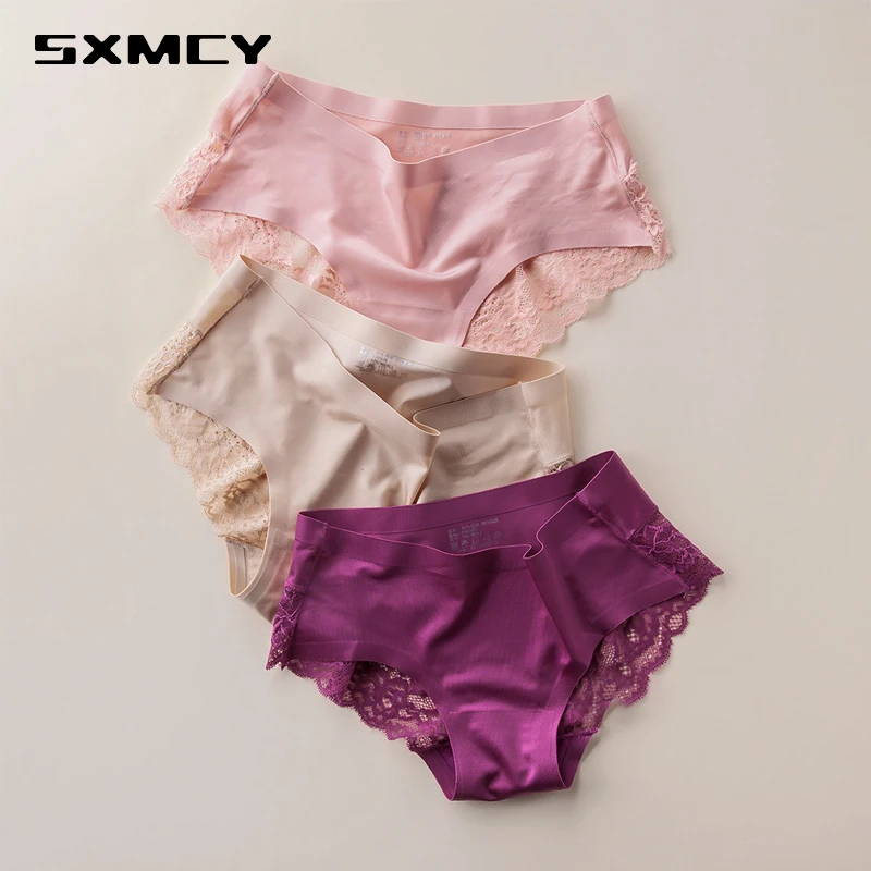 Plus Size Underwear Women Seamless Panties Women Sexy Lace 100% Cotton Crotch Briefs Ladies Transparent Lingerie Panty 3PCS