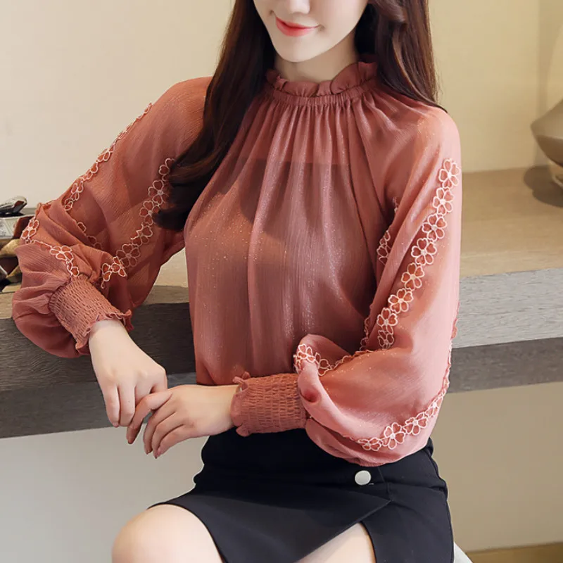 Модная шифоновая блузка женская рубашка Фонари одежда свободные рукавом длинным Кружева со швами, женские подкладкой топы и рубашки 0792 30 - Цвет: Красный
