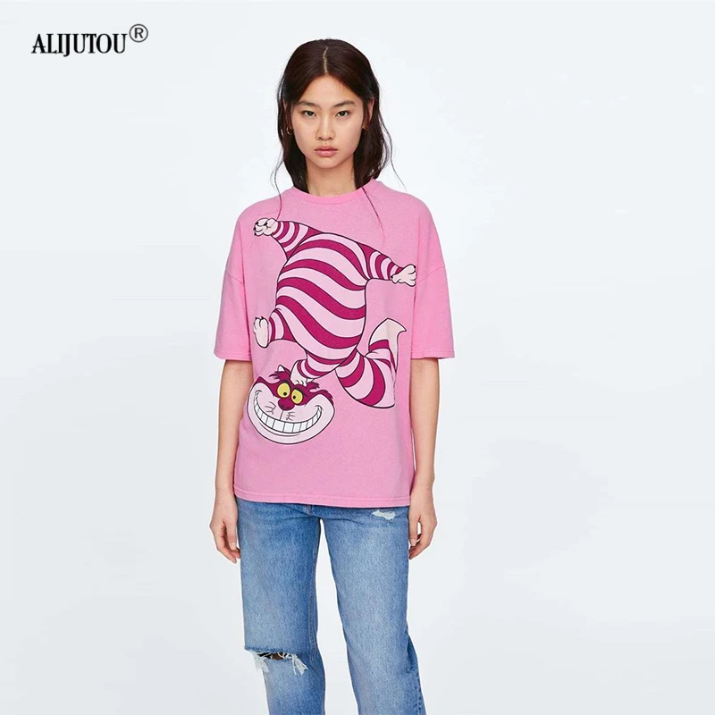 Alice In Wonderland Pink T-Shirt Women Zaraing Fashion Casual Cartoon Cheshire Cat Print Short Sleeve Tshirt Femme Graphic Tee