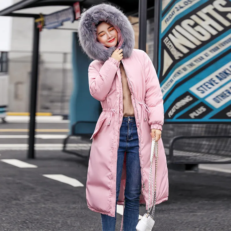 Большой меховой пуховик зимний женский модный Свободный пуховик с капюшоном куртка с хлопковой подкладкой пальто Женская Толстая длинная парка верхняя одежда - Цвет: Pink Gray