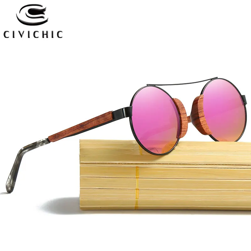Kaufen CIVICHIC Retro Holz Polarisierten Runde Sonnenbrille Männer Bambus Brillen Frauen Markendesigner UV400 Spiegel Gefilmt Objektiv Lunettes KD050