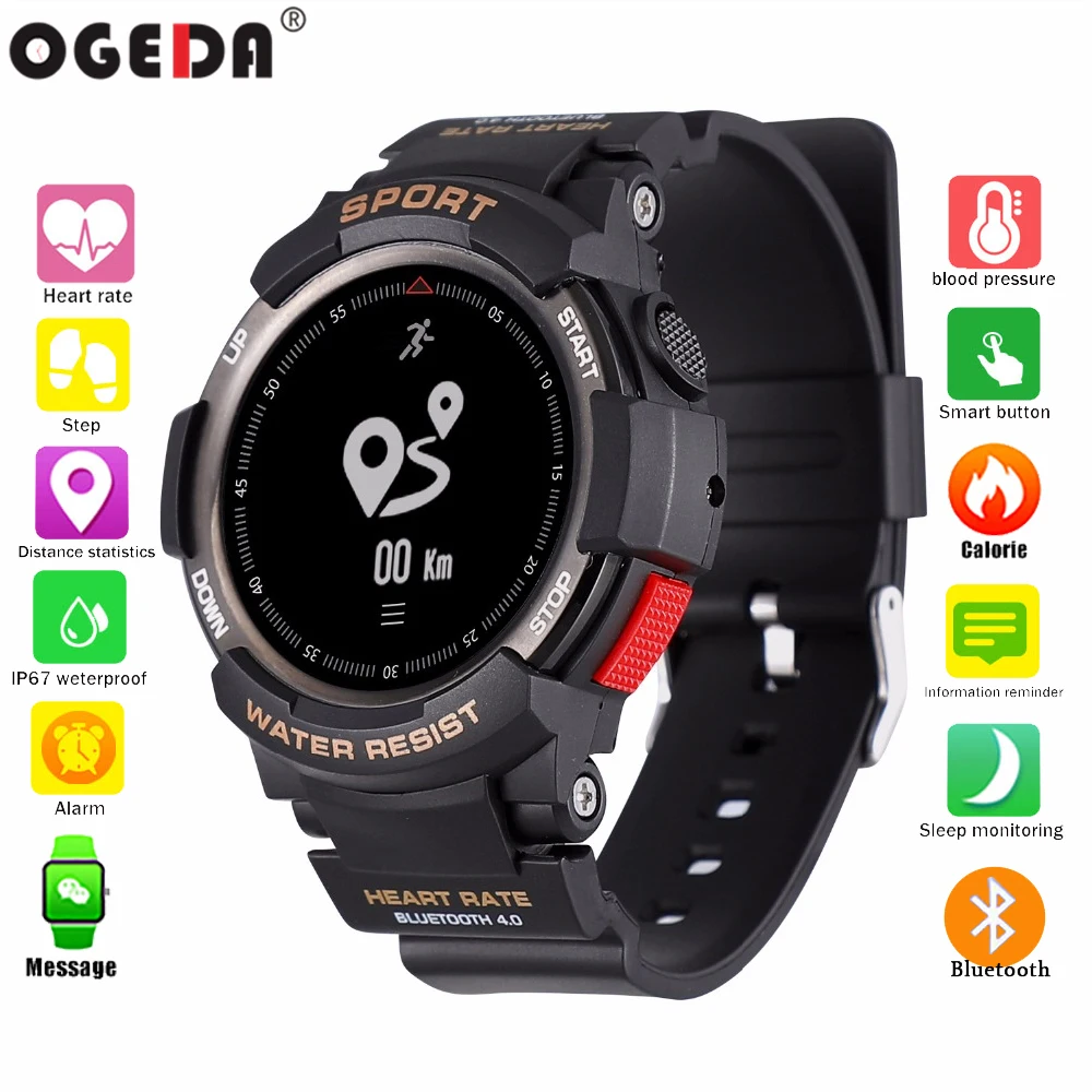 

OGEDA Men's sports Fashion Smart watch F6 Bluetooth heart rate calorie monitoring Fitness Tracker IP68 Waterproof smart watch