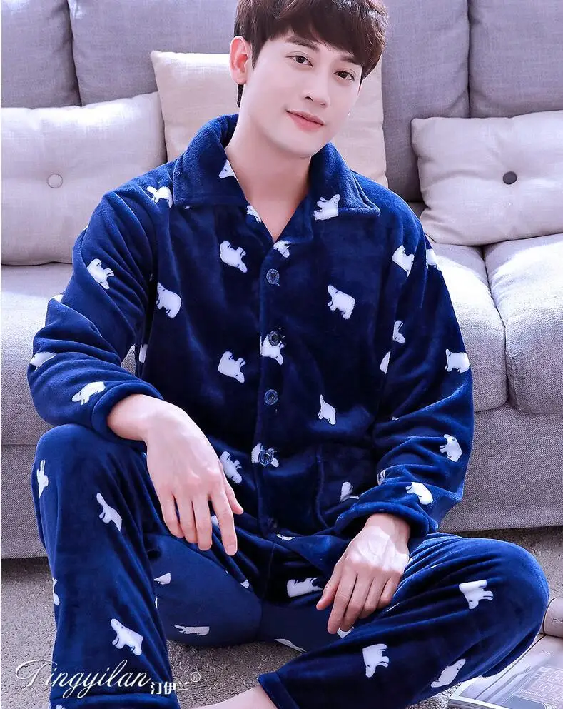 Winter Pajamas Men Thick Coral Fleece Man Pajamas Sets O-Neck Long Sleeve Pyjamas For Men Sleepwear Warm Pajamas Male Homewear