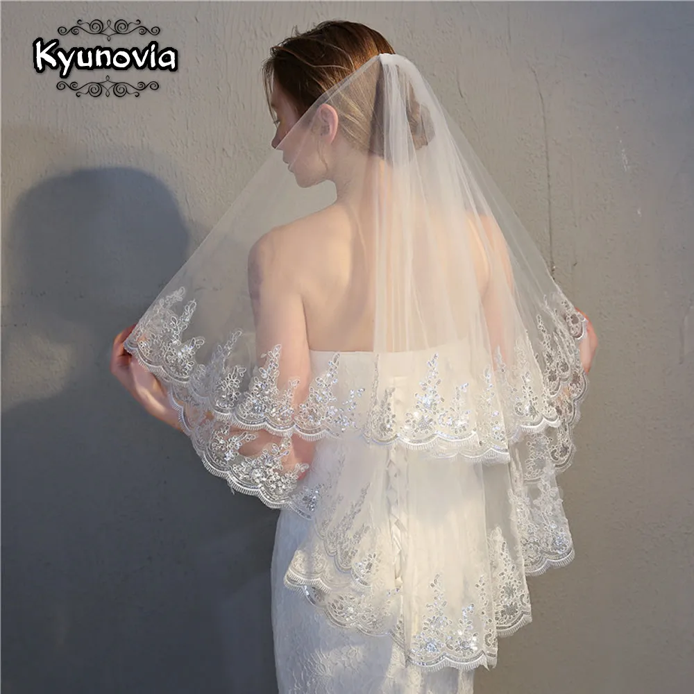 Kyunovia свадебная фата с расчески до локтя короткая кружевной аппликацией