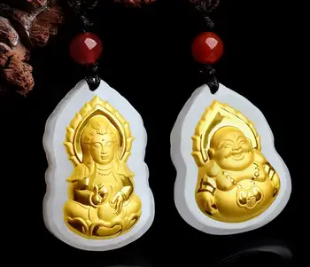 

3D gold inlaid jade inlay and Tian Yu Guanyin Buddha pendantH33#