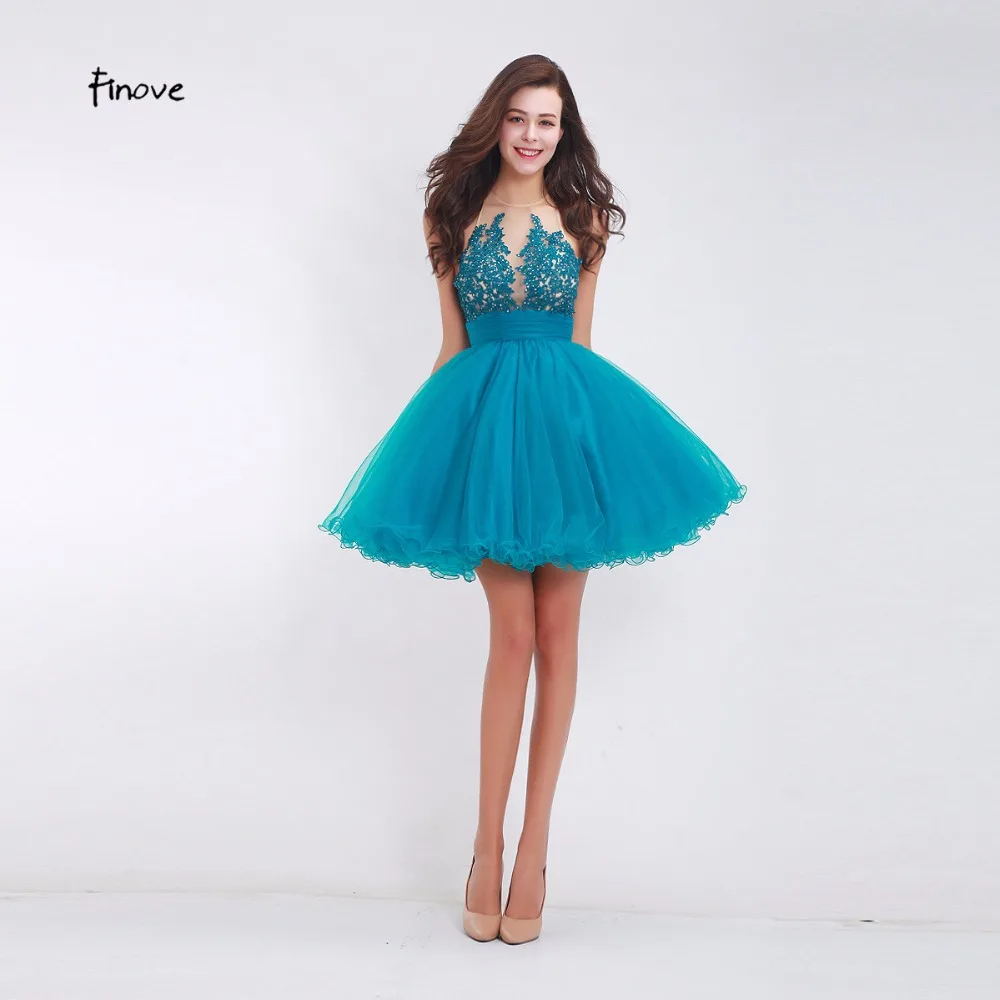 

Finove 2019 New Short A Line Halter Backless Tulle Appliques Formal Prom Gown Sweet Cocktail Dresses Women Homecoming Dresses