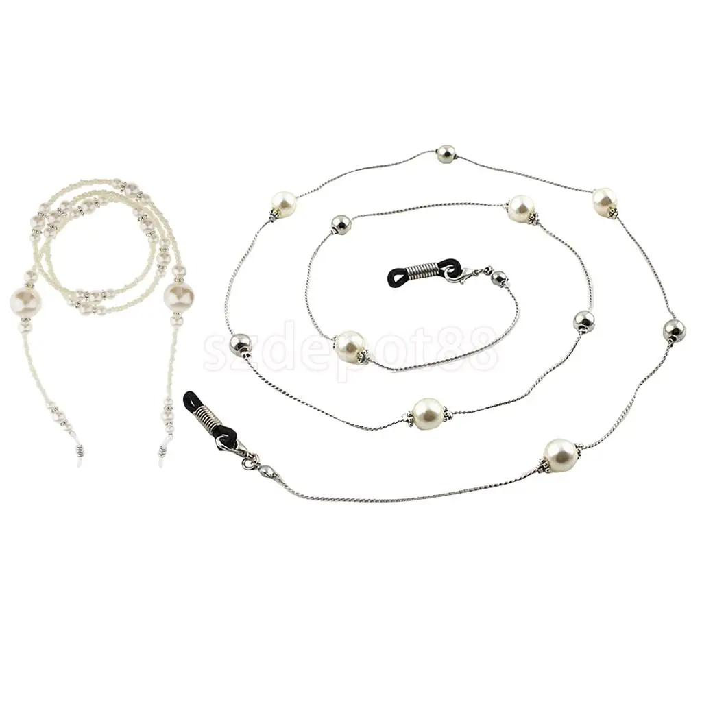 2pcs Sunglasses Chain Reading White Beaded Pearl Glasses Chain Eyewear Neck Lanyard Non-Slip Eyeglasses Holder Strap 