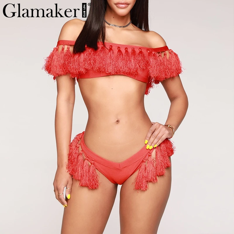 Glamaker Tassel off shoulder two-pieces suit boydsuit Women thong push up beach bodysuit romper Female sexy summer red overalls