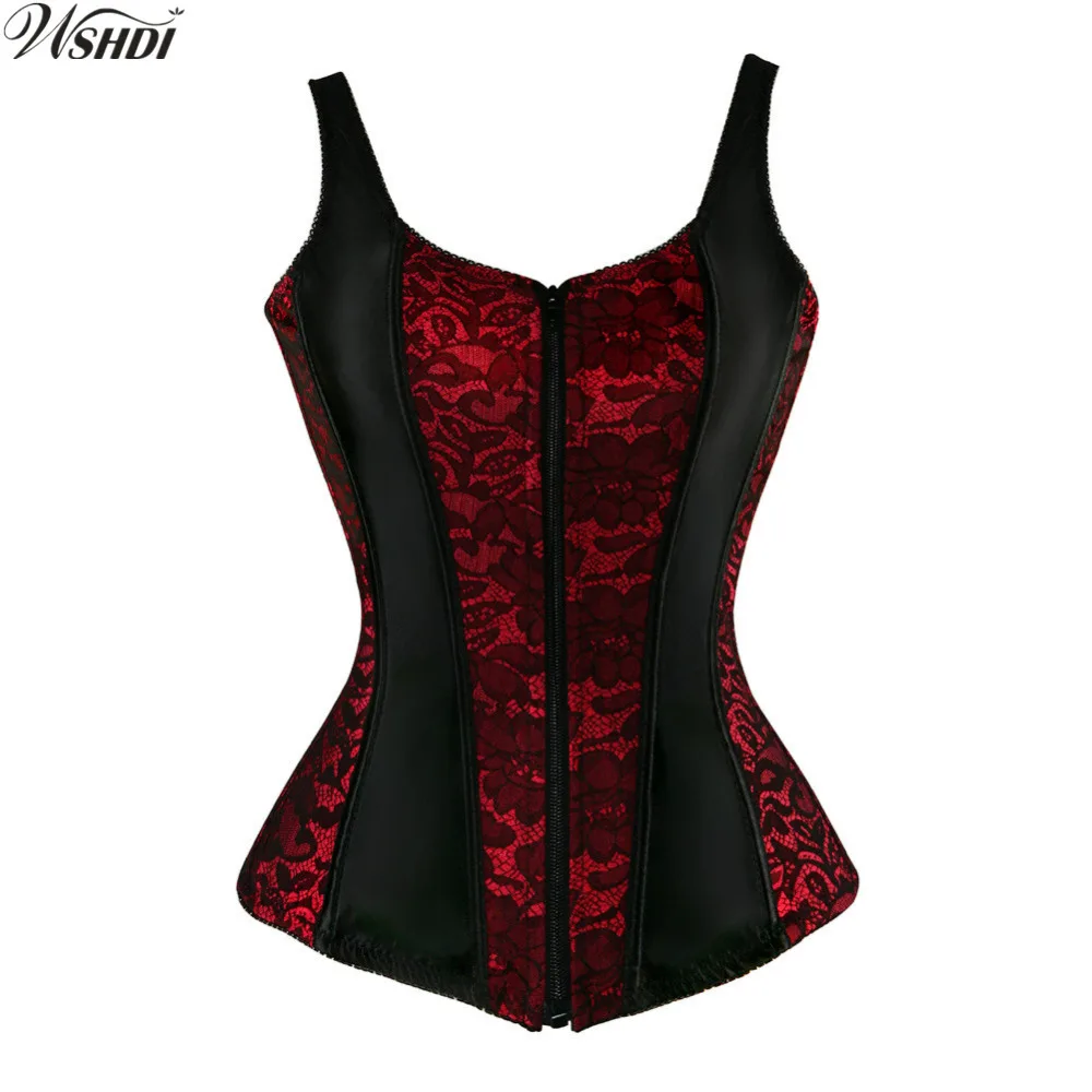 Sexy Lace Up Overbust Corset Vest With Straps Flower Print Zip Brocade